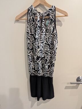 White & Black Swirl Sequin Dress with Teal Brand Tag